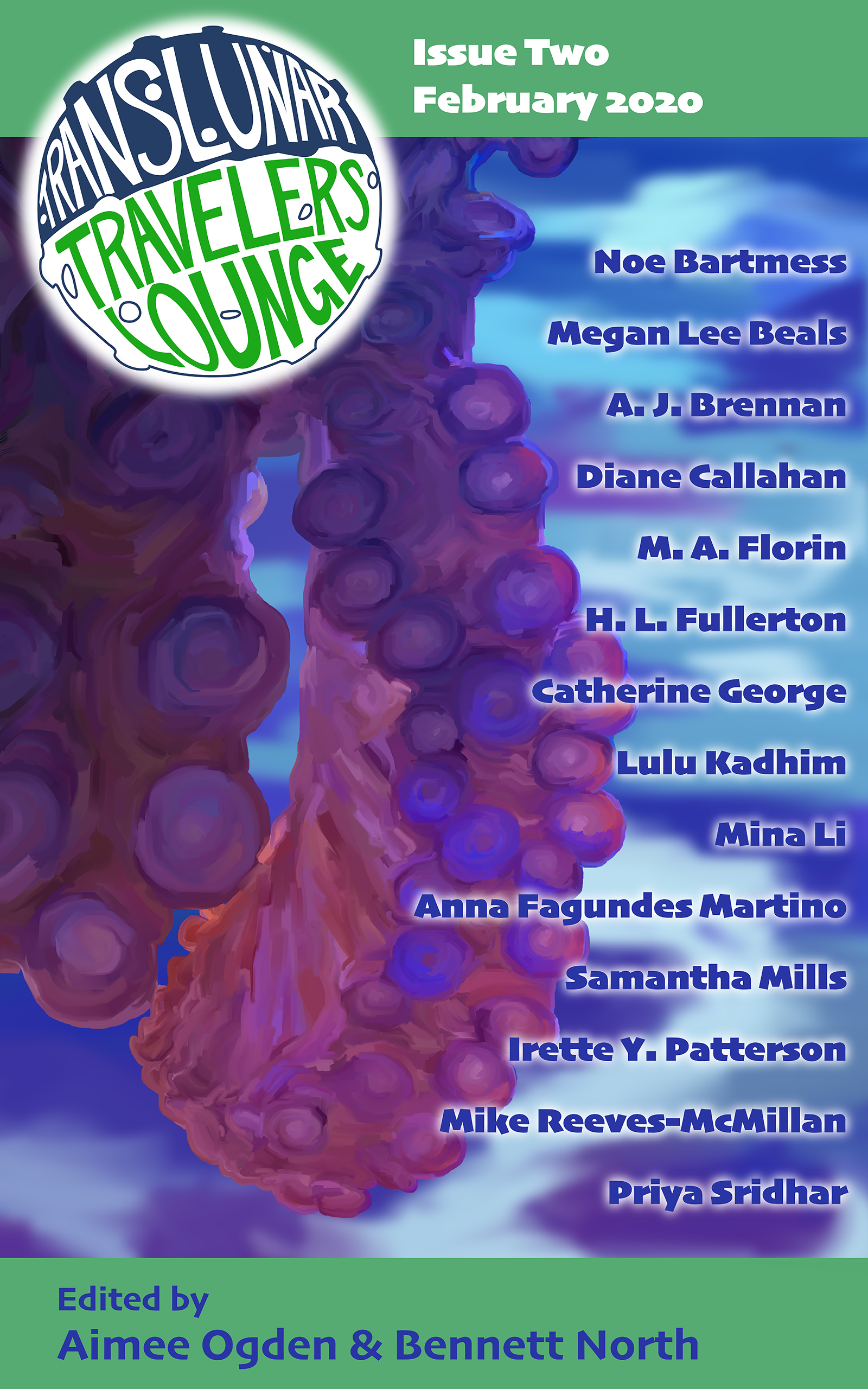 The cover of Translunar Travelers Lounge Issue 2, February 2020. It includes the purple and blue tentacles of an octopus, along with the names of the fourteen authors.